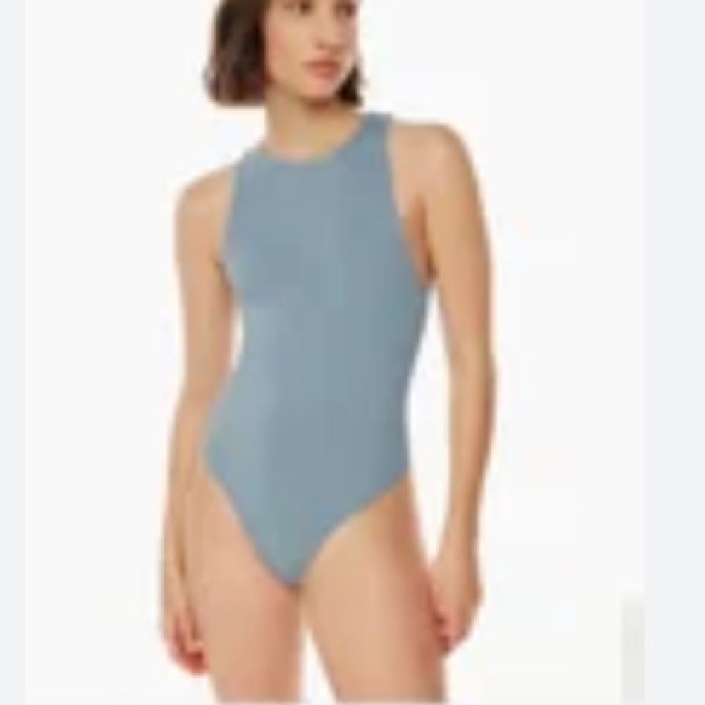 Babaton Blue Sleeveless Ribbed Bodysuit Top